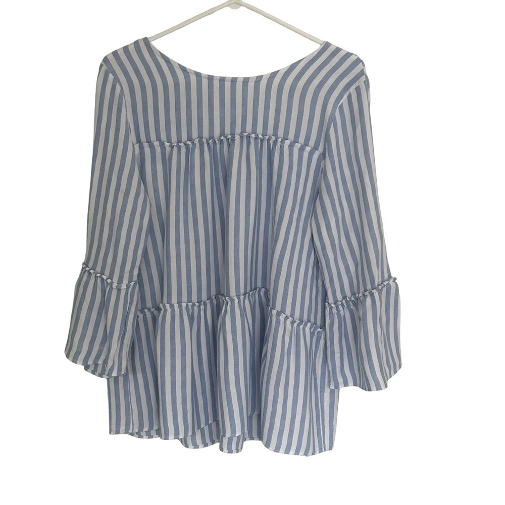Frazzle Women’s Blue and White Striped Boho Bell Sleeved Top. Size L